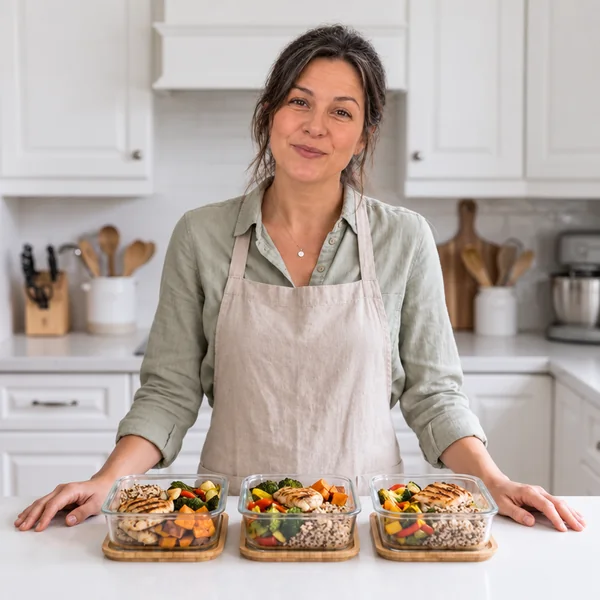 Giulia Moretti, nutrizionista, con tre contenitori di pasti pronti sul piano della cucina